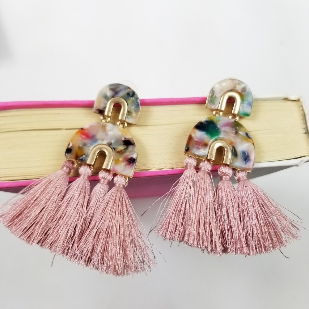 marble acetate earrings Pink Half Circle tassel - Picture 2 of 8